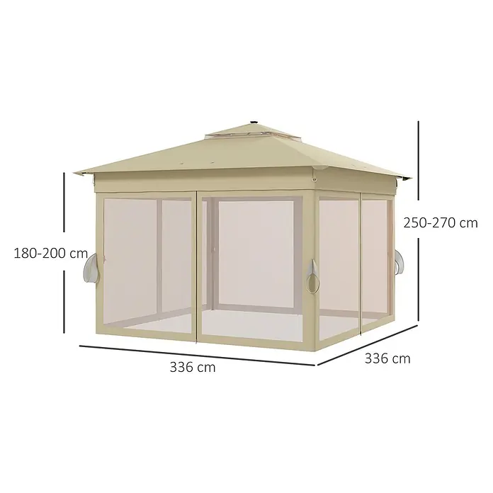 Outsunny Faltpavillon - Farbe Dach: Braun - Beiger, quadratischer Pavillon mit Netzwänden und doppeltem Dach, für den Außenbereich geeignet.