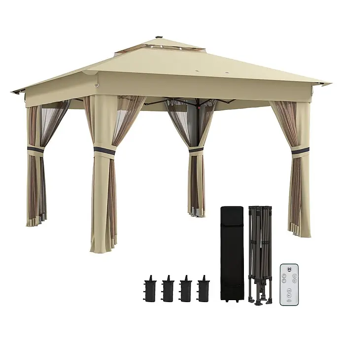 Outsunny Faltpavillon - Farbe Dach: Braun - Beiges Gartenpavillon mit braunen Vorhängen und Zubehör wie Gewichten, einem Faltrahmen, Tragetasche und Fernbedienung.