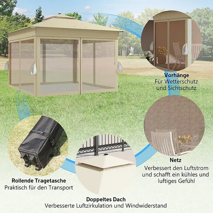 Outsunny Faltpavillon - Farbe Dach: Braun - Beiges Outdoor-Pavillon mit Doppeldach, Netzgittern für Luftzirkulation und Sichtschutz, inkl. Rolltragetasche.