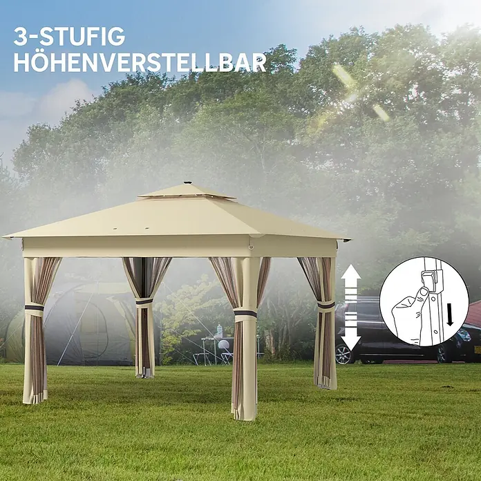 Outsunny Faltpavillon - Farbe Dach: Braun - Beiges Outdoor-Pavillon mit Vorhängen, 3-fach höhenverstellbar.