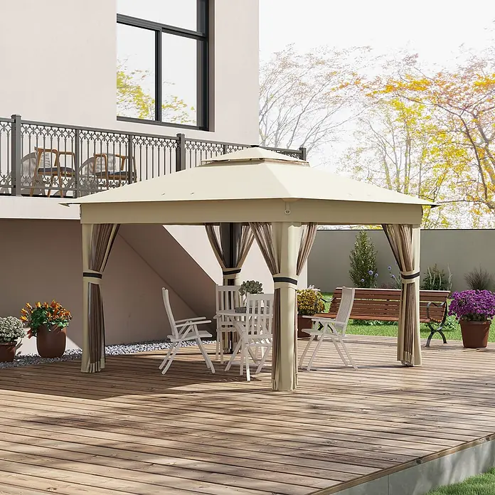 Outsunny Faltpavillon - Farbe Dach: Braun - Beigefarbener/cremefarbener Pavillon mit braunen Vorhängen, für Mahlzeiten und Entspannung im Freien.