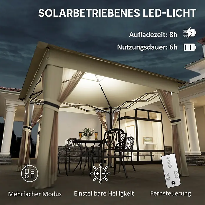 Outsunny Faltpavillon - Farbe Dach: Braun - Solarbetriebenes LED-Licht in einem Pavillon, beleuchtet eine Terrasse. Mit Fernbedienung, verschiedenen Modi & einstellbarer Helligkeit. Ladezeit 8h, Nutzung 6h.