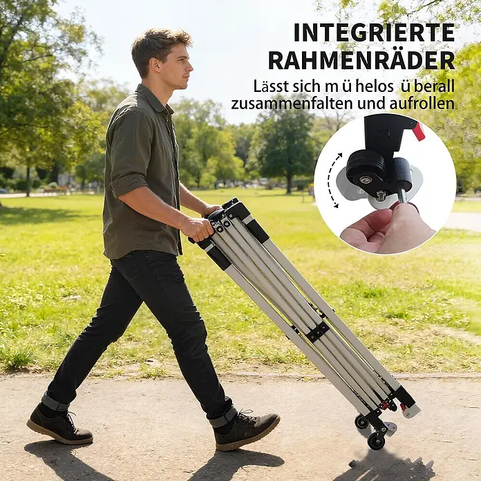 Outsunny Faltpavillon - Farbe Dach: Weiß - Mann rollt einen zusammengeklappten weißen Pavillonrahmen mit integrierten Rädern auf einem Weg. Einsatz zeigt Hand beim Einstellen eines Rads für einfachen Transport.