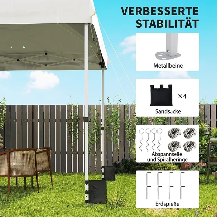 Outsunny Faltpavillon - Farbe Dach: Weiß - Weißes Faltpavillon im Garten, zeigt verbesserte Stabilitätsmerkmale wie Metallfüße, Sandsäcke, Abspannseile, Spiralheringe und Erdspieße.