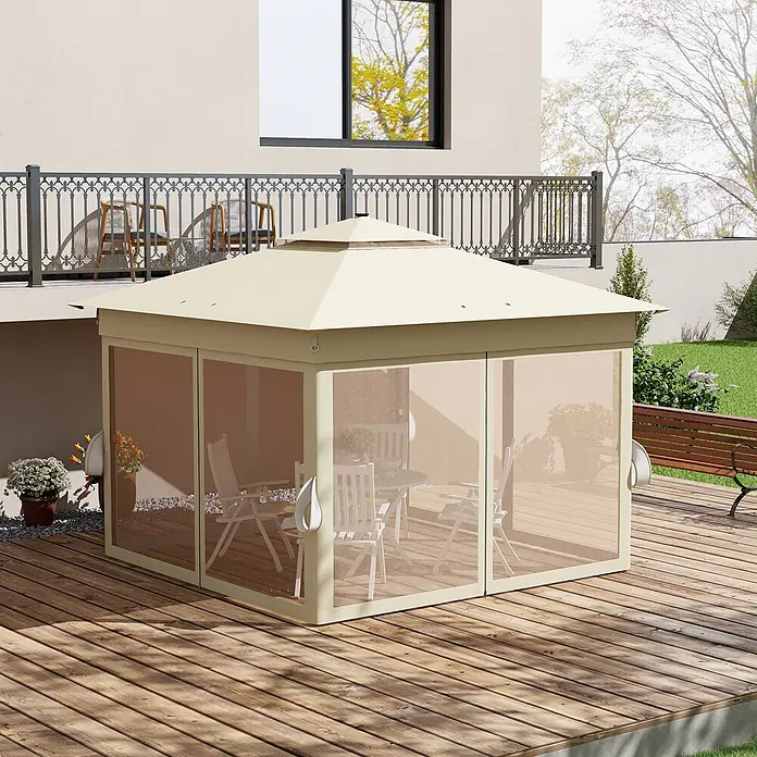 Outsunny Faltpavillon - Farbe Dach: Braun - Cremefarbenes Outdoor-Pavillon mit transparenten Wänden auf einer Holzterrasse für einen geschützten Essbereich.