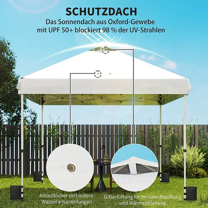Outsunny Faltpavillon - Farbe Dach: Weiß - Weißes Oxford-Gewebe-Pavillon mit UV-Schutz, Ablauflöchern und Gitterlüftung im Garten.
