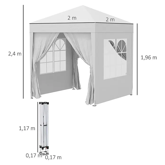Outsunny Faltpavillon - B x T: 2 m x 200 cm, Farbe Dach: Weiß - Weißes 2x2m Faltpavillon, 2,4m hoch, mit Fensterwänden und gerafftem Eingang. Klappbar auf 1,17x0,17x0,17m.