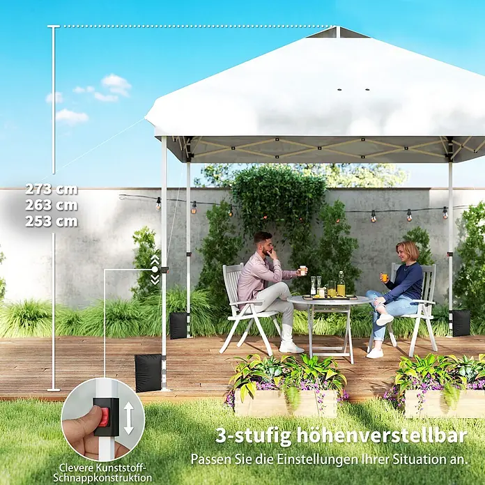 Outsunny Faltpavillon - Farbe Dach: Weiß - Weißer höhenverstellbarer Pavillon auf einer Terrasse, unter dem Leute Getränke genießen. Bietet 3 Höheneinstellungen.