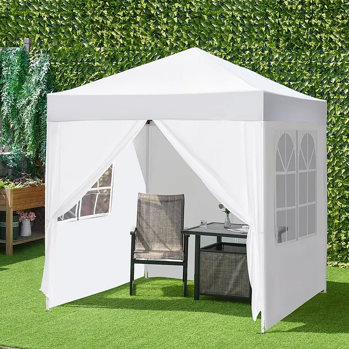 Outsunny Faltpavillon - B x T: 2 m x 200 cm, Farbe Dach: Weiß - Weißes Outdoor-Pavillon mit transparenten Fensterpaneelen, ausgestattet mit Stuhl und Tisch zur Entspannung.