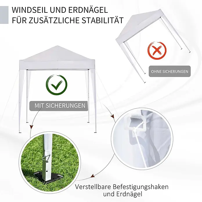 Outsunny Faltpavillon - B x T: 2 m x 200 cm, Farbe Dach: Weiß - Weißer Pavillon mit Windseil und Erdnägeln für zusätzliche Stabilität. Details zeigen Befestigungshaken und Erdverankerung.