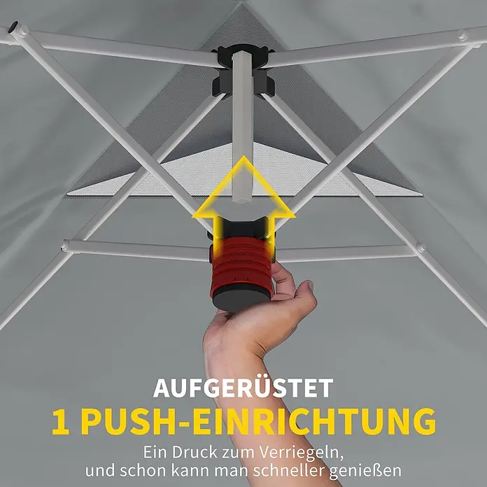 Outsunny Faltpavillon - Farbe Dach: Weiß - Hand drückt roten und schwarzen 1-Push-Verriegelungsmechanismus, um graues Zeltdachgestell zu sichern.