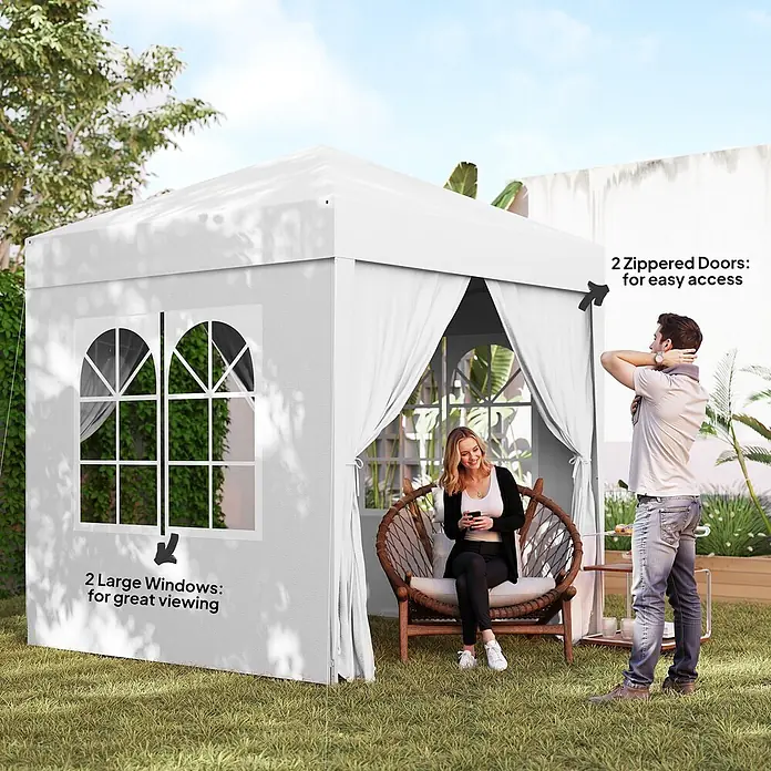 Outsunny Faltpavillon - B x T: 2 m x 200 cm, Farbe Dach: Weiß - Weißes Gartenpavillon mit großen Fenstern und Reißverschlusstüren, mit entspannenden Personen.