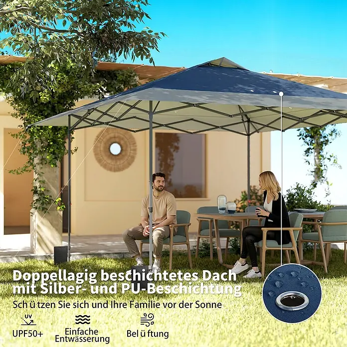 Outsunny Faltpavillon - Farbe Dach: Dunkelblau, Hellgrau - Großer Outdoor-Sonnenschirm mit doppeltem Silber- und PU-Überzug, bietet UPF50+ Sonnenschutz und Belüftung zum Entspannen.