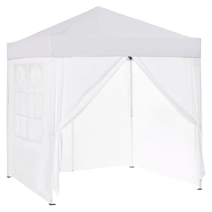 Outsunny Faltpavillon - B x T: 2 m x 200 cm, Farbe Dach: Weiß - Weißes Faltpavillon mit Spitzdach, Seitenwand mit Fenster und geöffnetem Vordereingang mit festgebundenen Vorhängen.