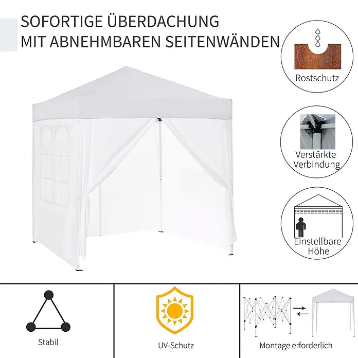 Outsunny Faltpavillon - B x T: 2 m x 200 cm, Farbe Dach: Weiß - Weißes Pop-up-Pavillon mit abnehmbaren Seitenwänden, rostgeschützt, stabil, UV-Schutz, höhenverstellbar.