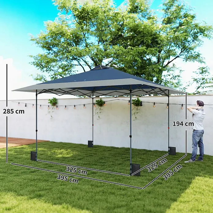 Outsunny Faltpavillon - Farbe Dach: Dunkelblau, Hellgrau - Blau-graues Pavillon-Zelt im Garten, 285 cm hoch und 325/395 cm breit, mit Person zur Skalierung.