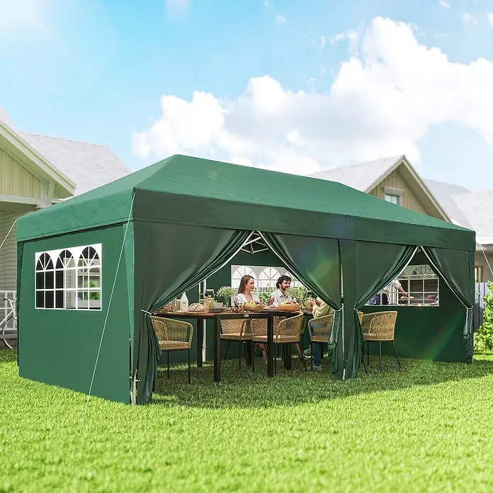 Outsunny Faltpavillon - Farbe Dach: Dunkelgrün - Grünes Partyzelt mit Fenstern und offenen Seiten, spendet Schatten für Personen, die im Garten speisen.