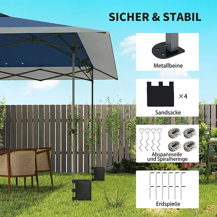Outsunny Faltpavillon - Farbe Dach: Dunkelblau, Hellgrau - Blau-weißes Pop-up-Pavillon im Garten, mit Einblendungen von Metallfüßen, 4 Sandsäcken, Abspannseilen, Spiralheringen und Erdspießen für hohe Stabilität.