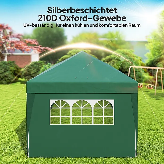 Outsunny Faltpavillon - Farbe Dach: Dunkelgrün - Grüner Pavillon aus UV-beständigem, silberbeschichtetem 210D Oxford-Gewebe mit weißen Bogenfenstern, das einen kühlen Raum bietet.