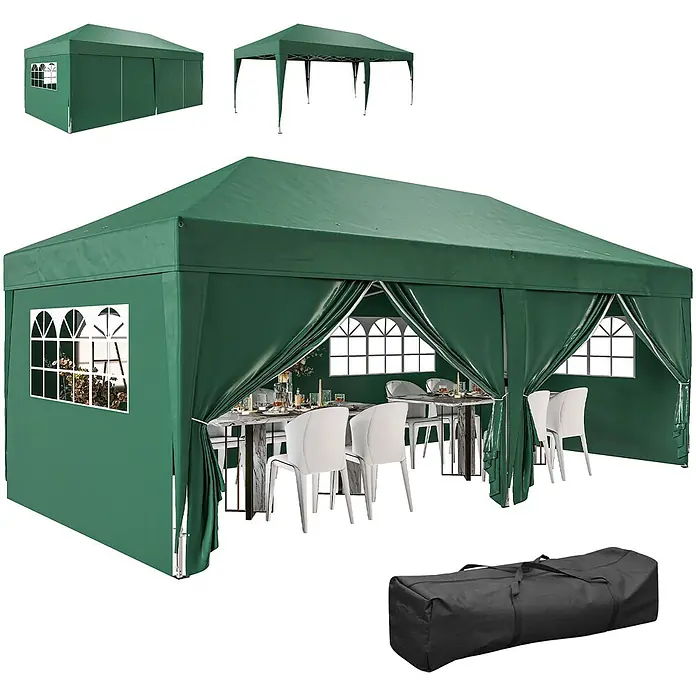 Outsunny Faltpavillon - Farbe Dach: Dunkelgrün - Grünes Partyzelt mit Fenstern und abnehmbaren Seitenwänden, mit Einrichtung und Tragetasche gezeigt.