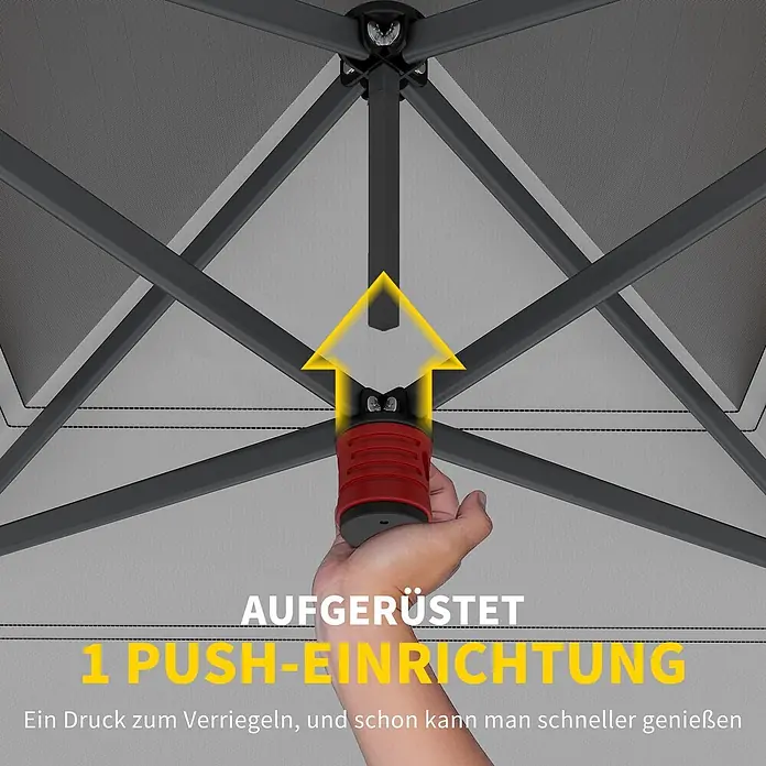 Outsunny Faltpavillon - Farbe Dach: Dunkelblau, Hellgrau - Eine Hand betätigt den roten Push-Lock-Mechanismus eines grauen Pavillon-Gestells zur schnellen Einrichtung.