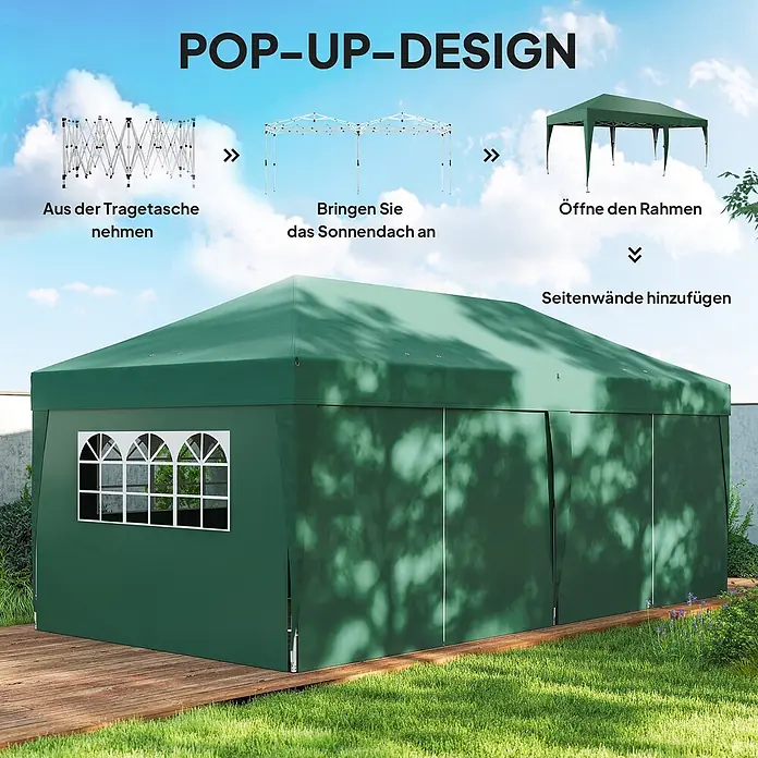 Outsunny Faltpavillon - Farbe Dach: Dunkelgrün - Montageschritte für ein grünes Pop-Up-Pavillon, mit Rahmen, Dach und Seitenwänden.