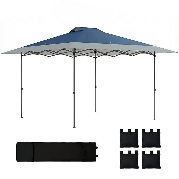 Outsunny Faltpavillon - Farbe Dach: Dunkelblau, Hellgrau - Ein blau-grauer Pop-up-Pavillon mit Metallrahmen, dazu eine schwarze Tragetasche und vier schwarze Sandsäcke.