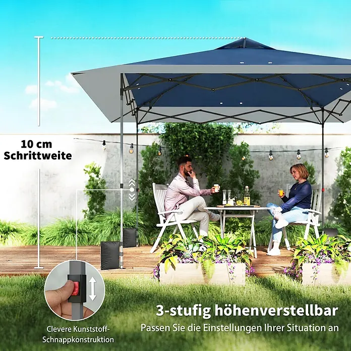 Outsunny Faltpavillon - Farbe Dach: Dunkelblau, Hellgrau - Höhenverstellbarer Faltpavillon mit cleverer Schnappkonstruktion, im Freien mit Personen gezeigt. 3-stufig höhenverstellbar.