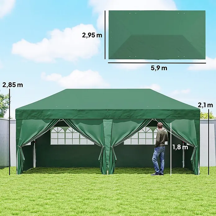 Outsunny Faltpavillon - Farbe Dach: Dunkelgrün - Grünes Partyzelt, ca. 5,9m L x 2,95m B, mit 2,85m Giebelhöhe und 1,8m großer Person als Größenvergleich.