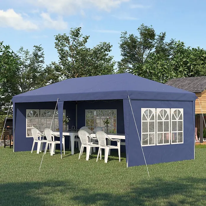Outsunny Faltpavillon - B x T: 295 x 300 cm, Farbe Dach: Blau - Blaues Partyzelt mit Rundbogenfenstern, im grünen Garten mit weißen Tischen und Stühlen unter Bäumen aufgebaut.