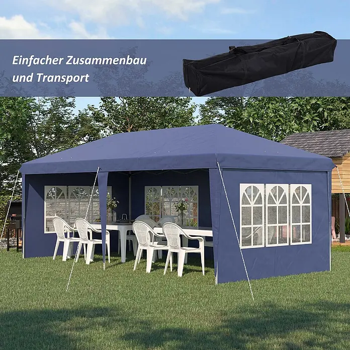 Outsunny Faltpavillon - B x T: 295 x 300 cm, Farbe Dach: Blau - Blaues Partyzelt mit Seitenwänden und Fenstern auf einer Rasenfläche, daneben die schwarze Tragetasche, für einfachen Aufbau und Transport.