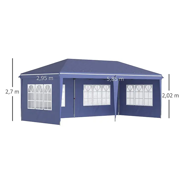 Outsunny Faltpavillon - B x T: 295 x 300 cm, Farbe Dach: Blau - Blaues Partyzelt mit weiß gerahmten Fenstern, 5,85x2,95 m und 2,7 m hoch (Traufhöhe 2,02 m).