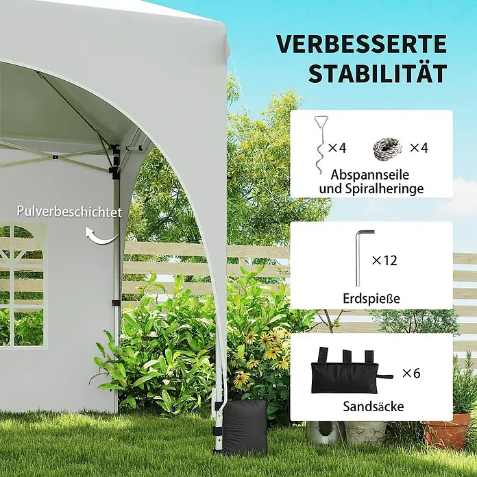 Outsunny Faltpavillon - Farbe Dach: Weiß - Weißes, pulverbeschichtetes Pavillon mit Zubehör für verbesserte Stabilität: Sandsäcke, Erdspieße, Abspannseile und Spiralheringe.