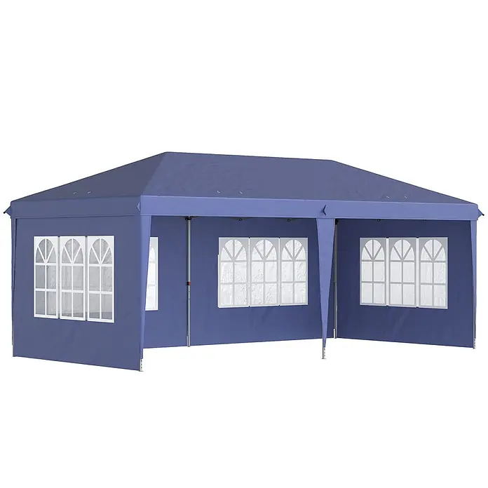 Outsunny Faltpavillon - B x T: 295 x 300 cm, Farbe Dach: Blau - Blaues Partyzelt mit mehreren Seitenwänden und weißen Fensterrahmen.