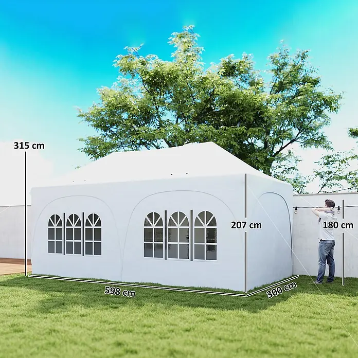 Outsunny Faltpavillon - Farbe Dach: Weiß - Weißes Partyzelt (Festzelt) mit Fenstern und Abmessungen (598x300x315 cm), auf Rasen, mit einer 180 cm großen Person als Größenreferenz.