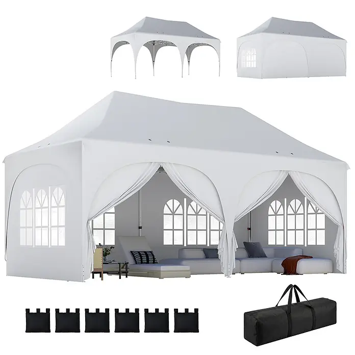 Outsunny Faltpavillon - Farbe Dach: Weiß - Weißes Partyzelt mit Gestell, Seitenwänden (teilweise mit Fenstern), Sandsäcken und Tragetasche.