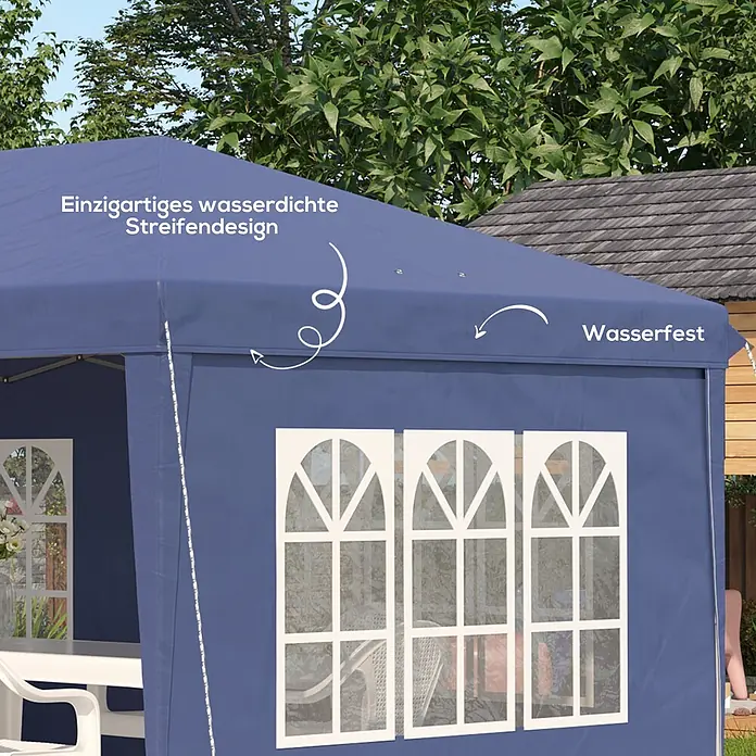 Outsunny Faltpavillon - B x T: 295 x 300 cm, Farbe Dach: Blau - Blaues wasserdichtes Gartenzelt mit einzigartigem wasserdichten Streifendesign auf dem Dach und Klarsichtfenstern, für den Außenbereich.
