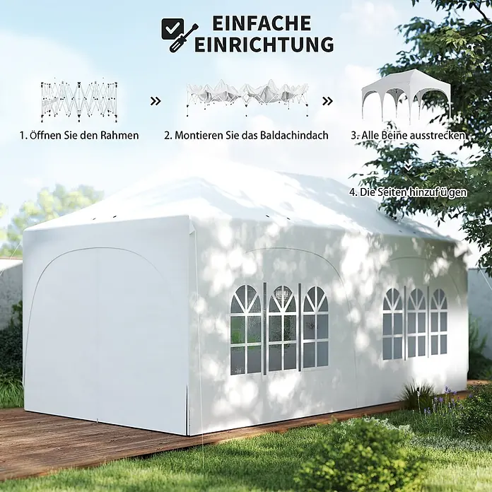 Outsunny Faltpavillon - Farbe Dach: Weiß - Weißes Partyzelt mit Rundbogenfenstern, aufgebaut im Freien, inklusive einfacher Aufbauschritte.