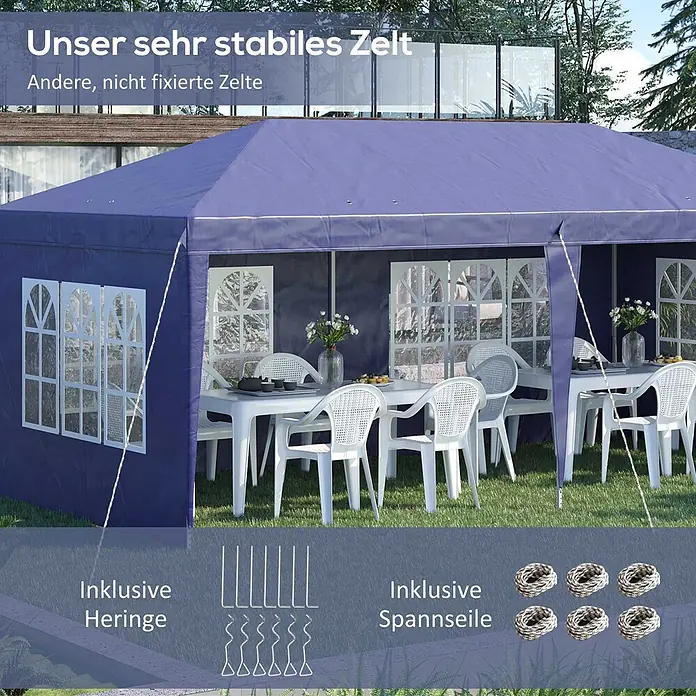 Outsunny Faltpavillon - B x T: 295 x 300 cm, Farbe Dach: Blau - Ein blaues Partyzelt im Garten, ausgestattet mit Tischen und Stühlen. Inklusive Heringen und Spannseilen zur sicheren Befestigung.