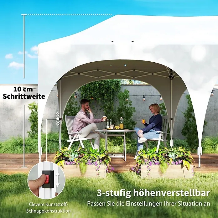Outsunny Faltpavillon - Farbe Dach: Weiß - Weißes, 3-stufig höhenverstellbares Pavillon mit 10 cm Schrittweite und cleverer Schnappkonstruktion, im Garten genutzt.