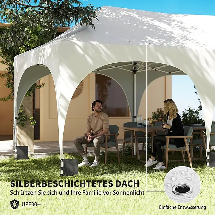 Outsunny Faltpavillon - Farbe Dach: Weiß - Weißes, silberbeschichtetes Partyzelt mit UPF30+ Sonnenschutz und Entwässerungssystem im Garten.
