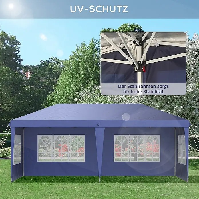 Outsunny Faltpavillon - B x T: 295 x 300 cm, Farbe Dach: Blau - Blauer Partyzelt mit UV-Schutz und stabilem Stahlrahmen.