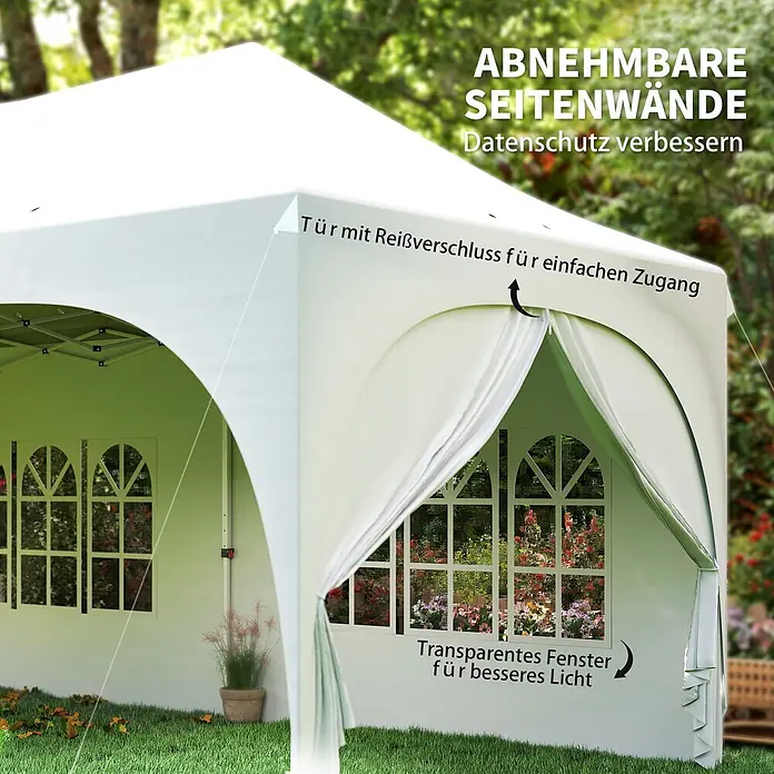 Outsunny Faltpavillon - Farbe Dach: Weiß - Weißes Partyzelt mit abnehmbaren Seitenwänden, Reißverschlusstür und transparenten Fenstern, im Freien aufgebaut.