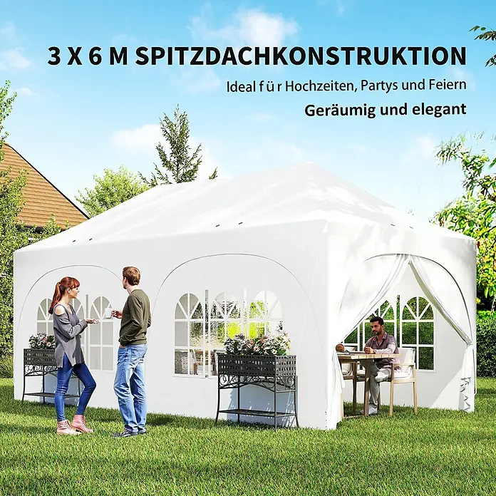 Outsunny Faltpavillon - Farbe Dach: Weiß - Weißes 3x6m Spitzdach-Veranstaltungszelt auf Rasen mit Personen, ideal für Partys und Feiern.