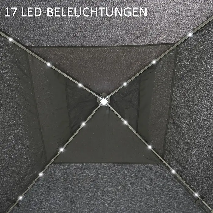 Outsunny Faltpavillon - B x T: 3,3 m x 330 cm, Farbe Dach: Grau - Unterseite eines dunkelgrauen Pavillondachs mit 17 integrierten LED-Leuchten im Gestell zur Beleuchtung.
