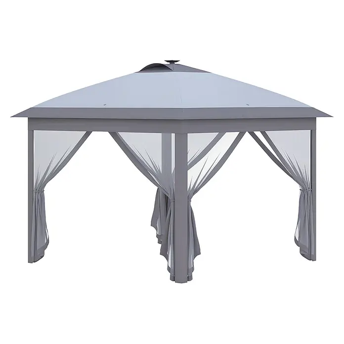 Outsunny Faltpavillon - B x T: 3,3 m x 330 cm, Farbe Dach: Grau - Grauer Pavillon für den Außenbereich mit belüftetem Dach und transparenten, zurückgebundenen Vorhängen.