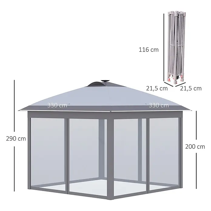 Outsunny Faltpavillon - B x T: 3,3 m x 330 cm, Farbe Dach: Grau - Grauer Pop-up-Pavillon mit transparenten Seitenwänden, zeigt Aufbaumaße und zusammengeklapptes Gestell.