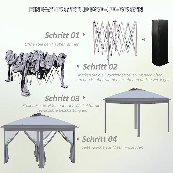Outsunny Faltpavillon - B x T: 3,3 m x 330 cm, Farbe Dach: Grau - Aufbauanleitung für ein graues Pop-up-Pavillon, mit Metallrahmen, Stoffdach und optionalen Netz-Seitenwänden.
