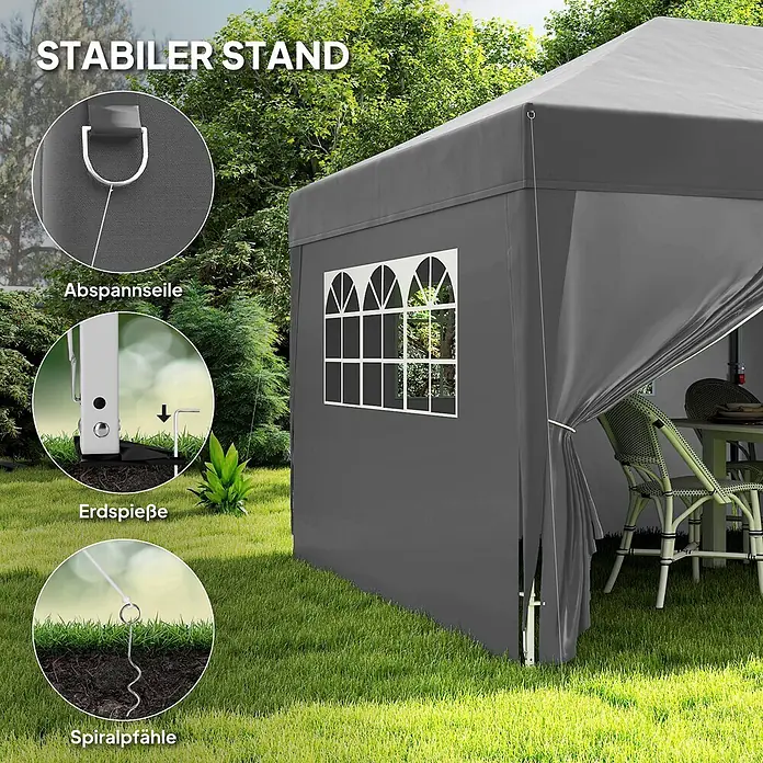 Outsunny Faltpavillon - Farbe Dach: Schwarz - Graues Partyzelt mit Seitenwänden, mit Abspannseilen, Erdspießen und Spiralankern für Stabilität im Garten befestigt.