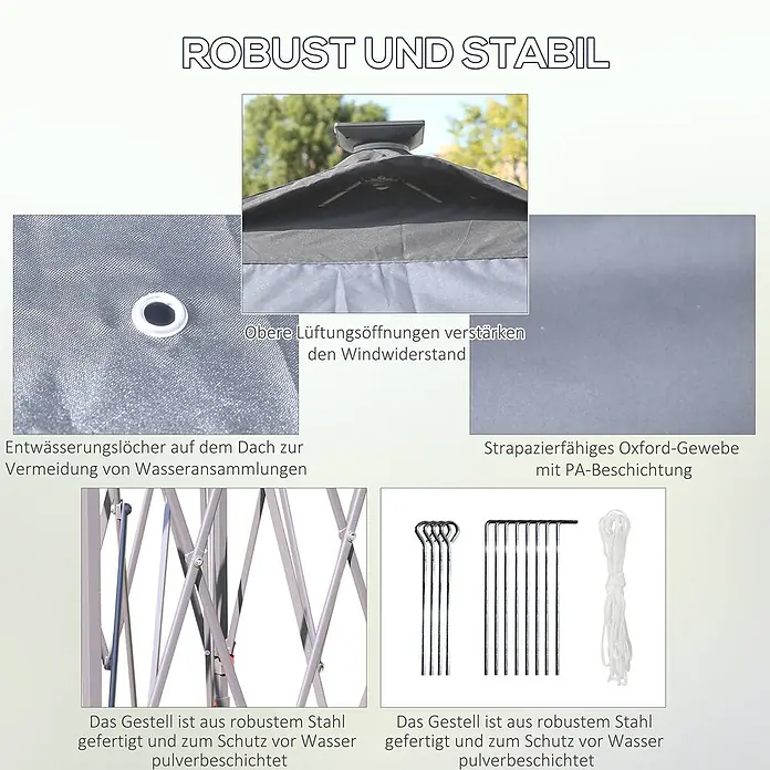Outsunny Faltpavillon - B x T: 3,3 m x 330 cm, Farbe Dach: Grau - Robustes Pavillon mit pulverbeschichtetem Stahlrahmen, Oxford-Gewebe, Belüftung, Drainagelöchern, Heringen und Seilen.